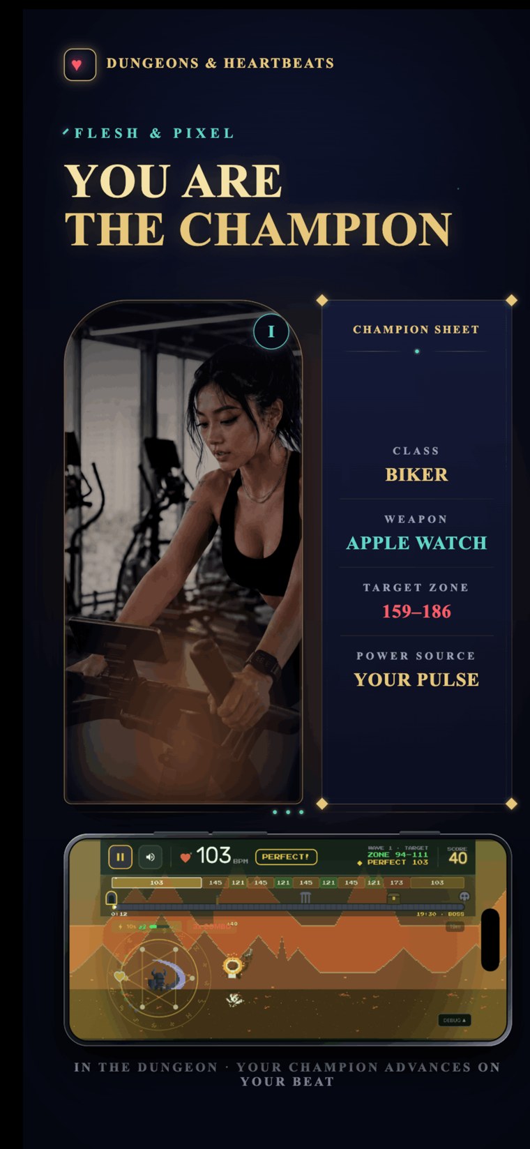 A champion sheet showing class, Apple Watch as the weapon, target zone, and your pulse as the power source, beside live gameplay