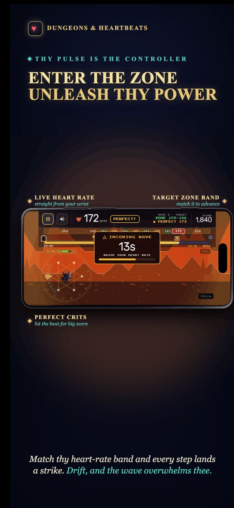 Gameplay with callouts for live heart rate, the target zone band, and perfect crits, plus an incoming wave timer