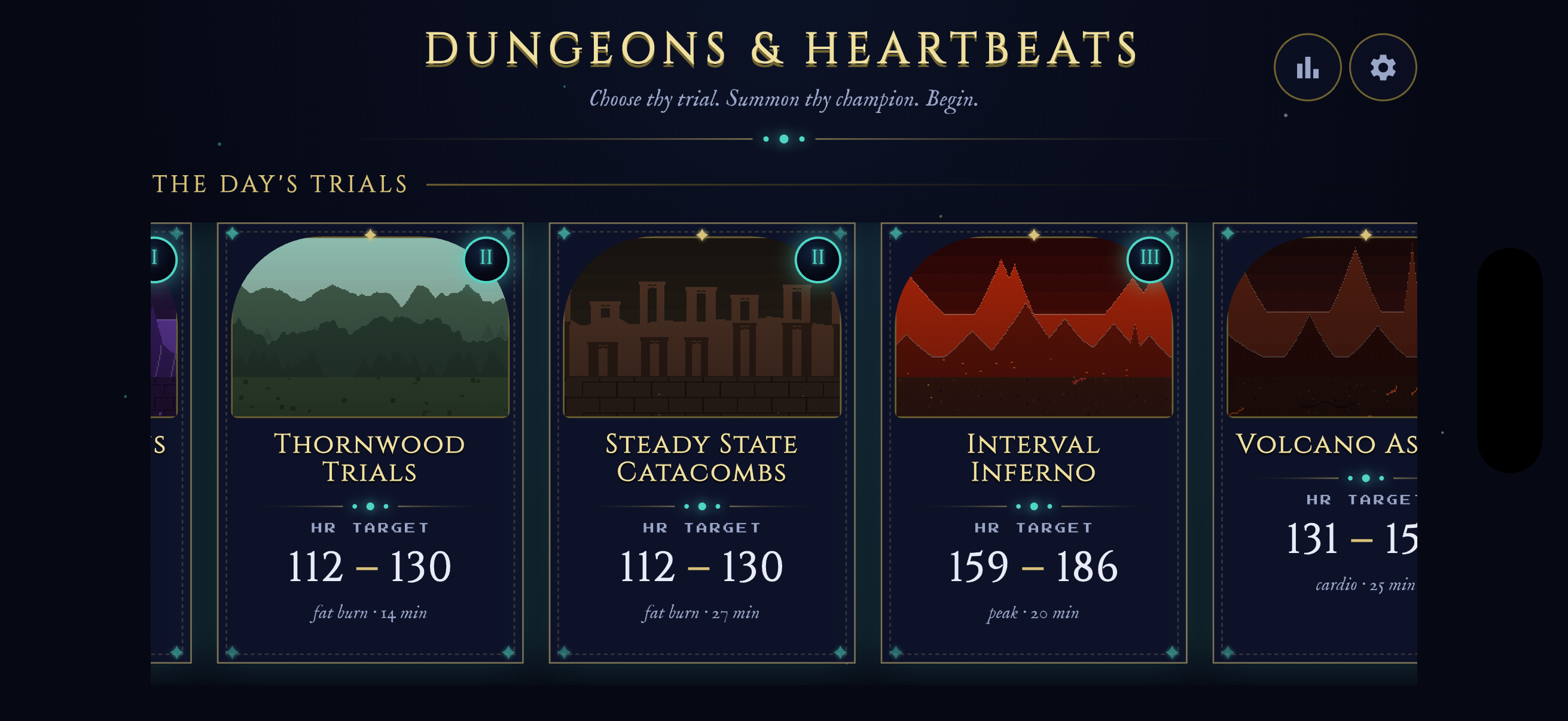 In game dungeon select with Thornwood Trials, Steady State Catacombs, Interval Inferno, and Volcano Ascent