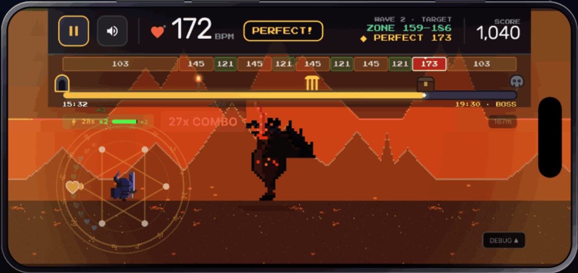 Dungeons & Heartbeats gameplay: a pixel champion fighting through a molten dungeon, with a live heart rate of 172 BPM and the target zone band across the top