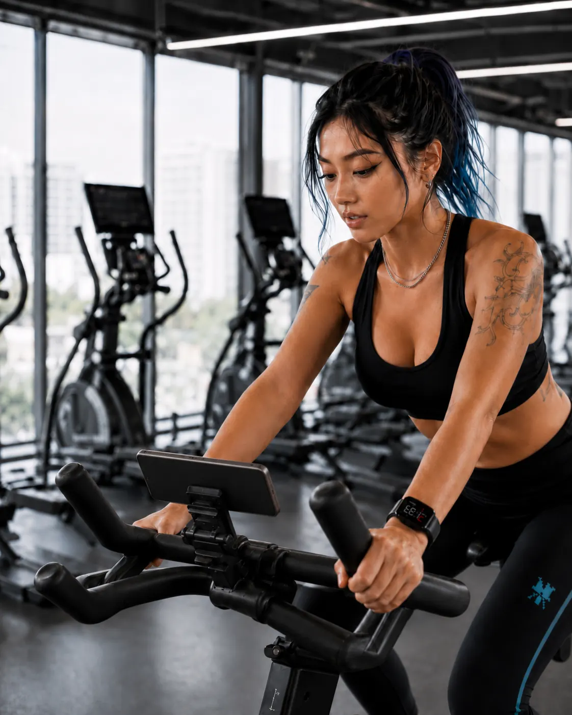 Riding a spin bike with Dungeons and Heartbeats on the mounted screen