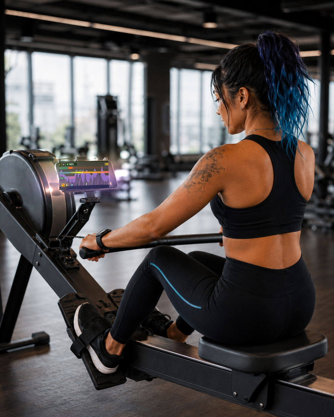 Rowing with the game running on a mounted phone