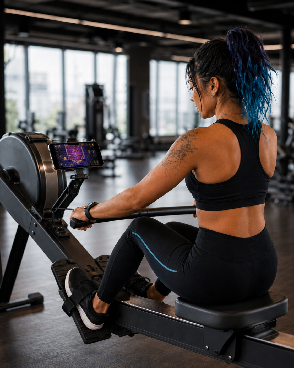 Rowing with the game on a mounted phone