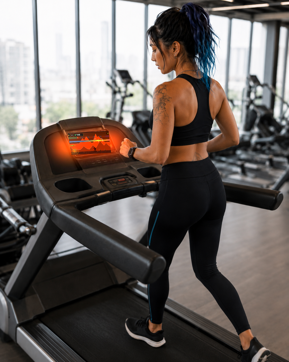 A runner on a treadmill with Dungeons and Heartbeats glowing on the console screen
