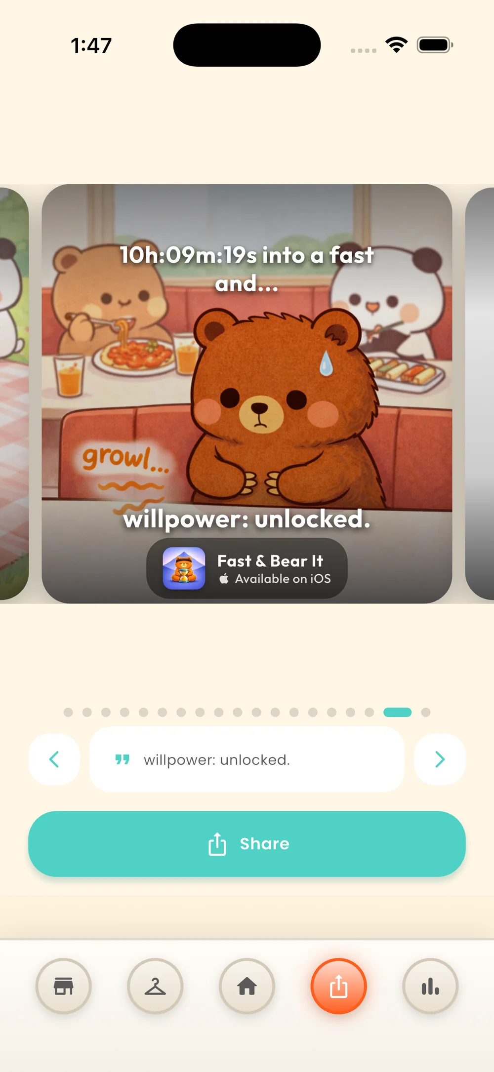 Fast & Bear It share card showing Growls with willpower unlocked
