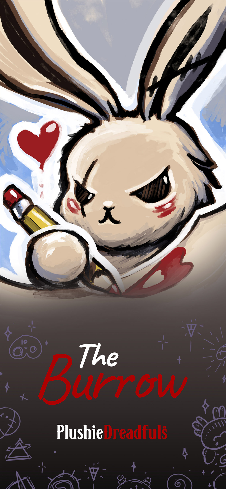 The Burrow — a rabbit plushie with a small heart, hand drawn
