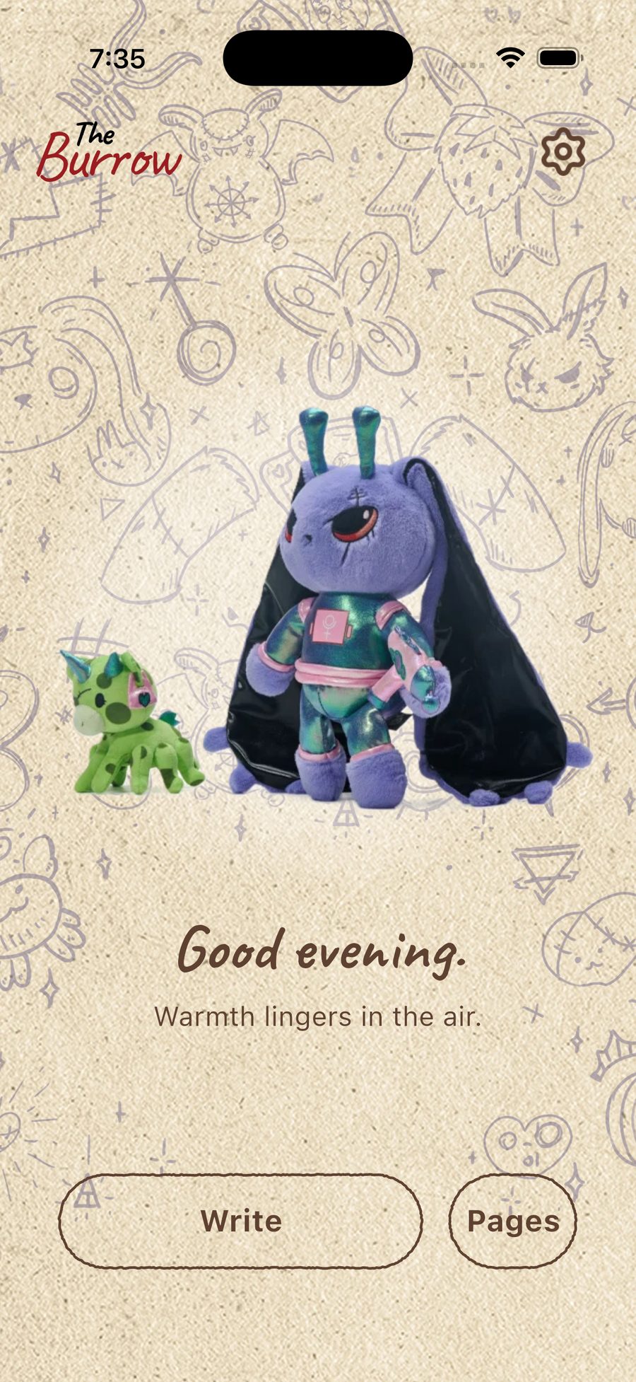 The Burrow home screen with a breathing rabbit plushie and a soft greeting