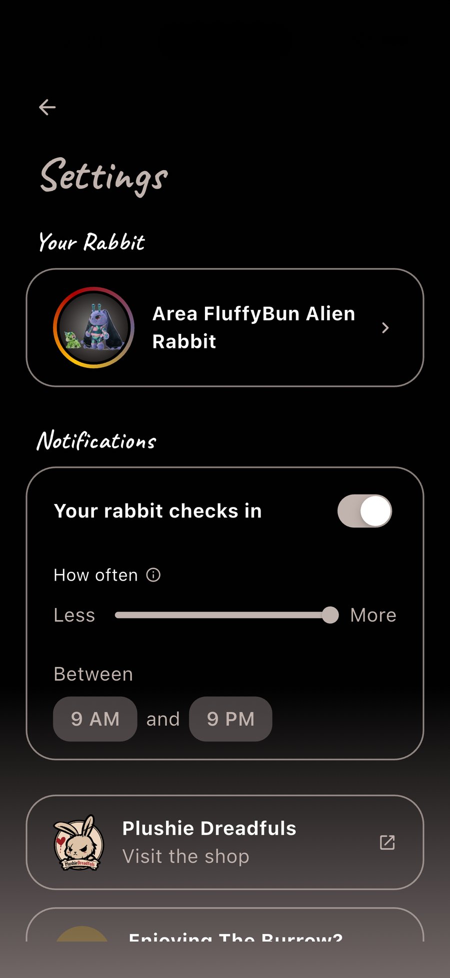 The Burrow settings screen with notification frequency and time window controls