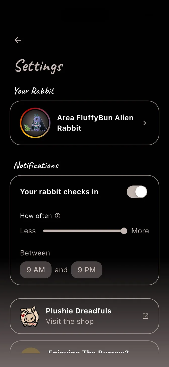 The Burrow settings screen with notification frequency and time window controls
