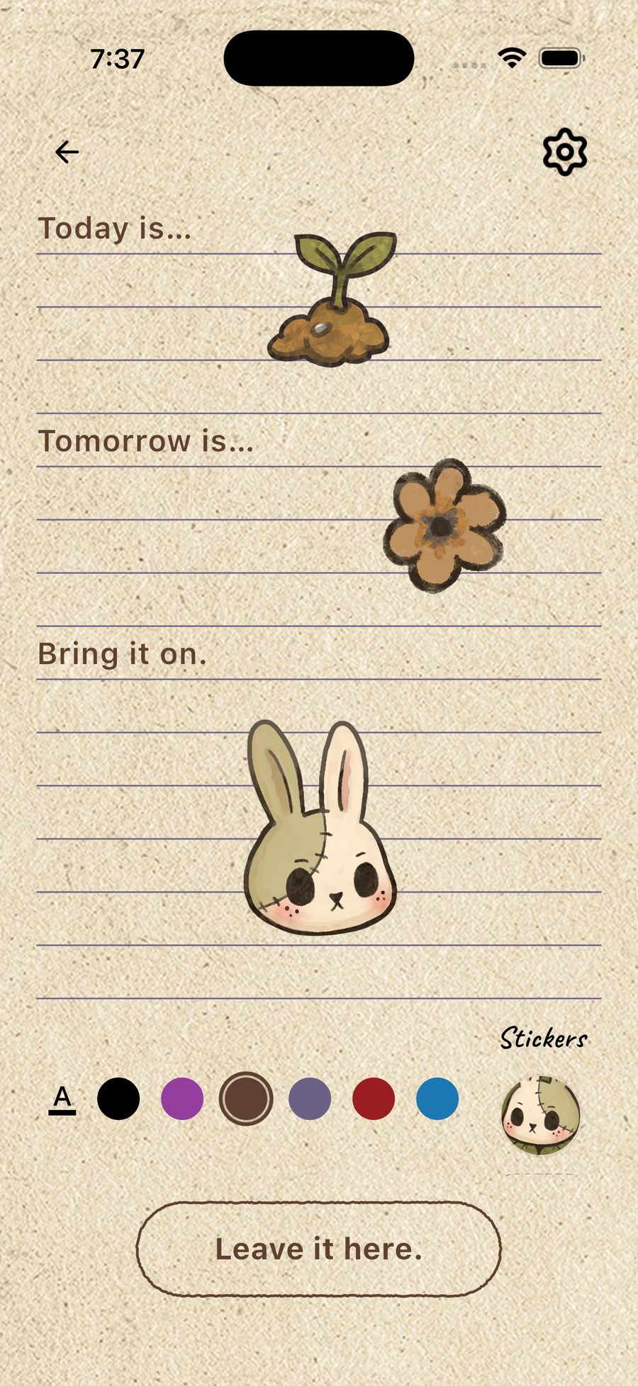 The Burrow lined notebook page with the sticker tray open